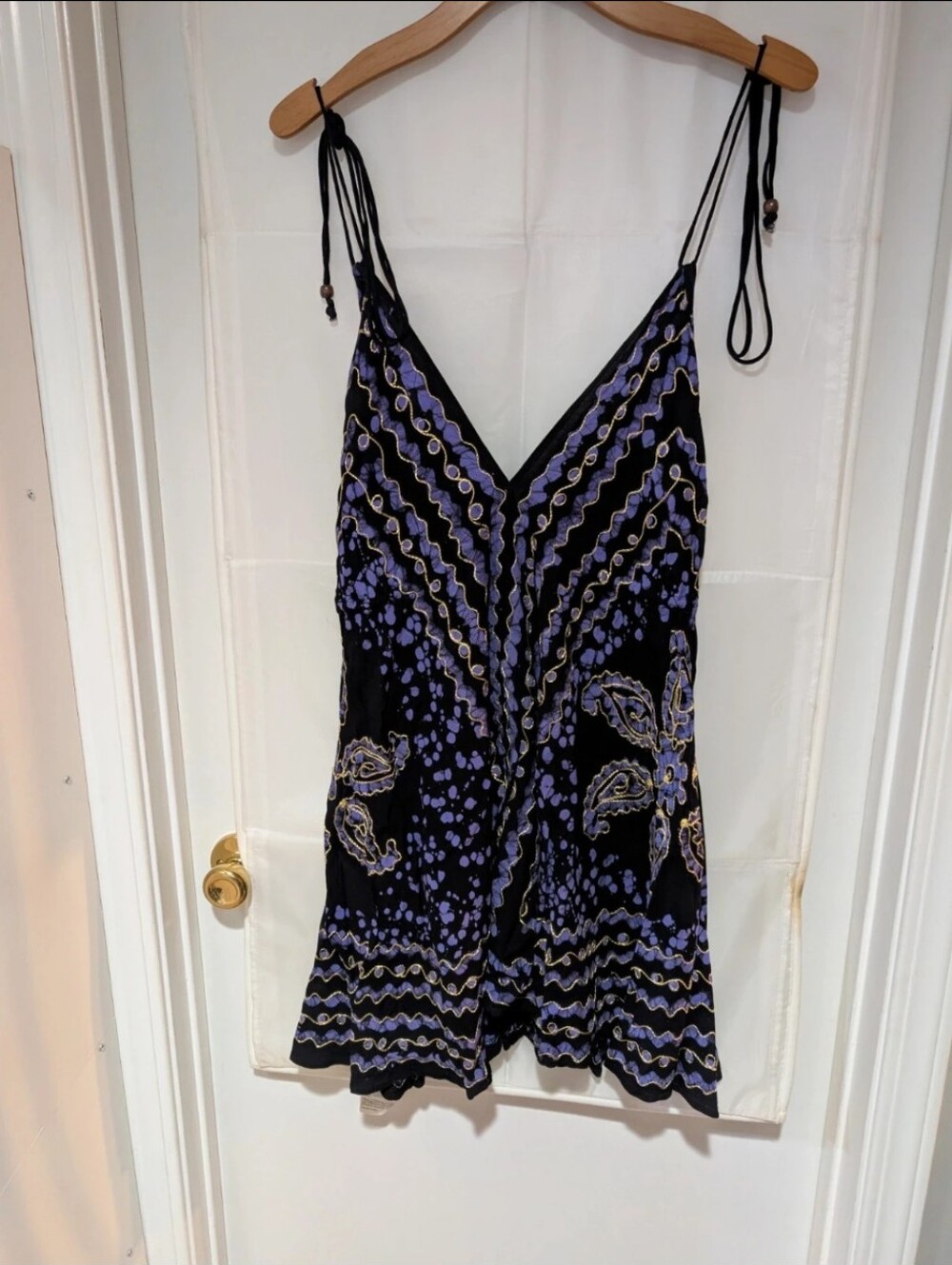 Vintage Boho Batik Block Print Halter Dress Teal Black Hanky Hem M